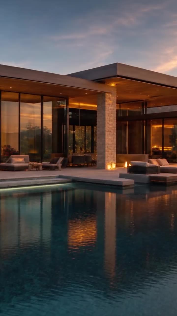 Luxury villa and pool at dusk, opening frame of the walkthrough film