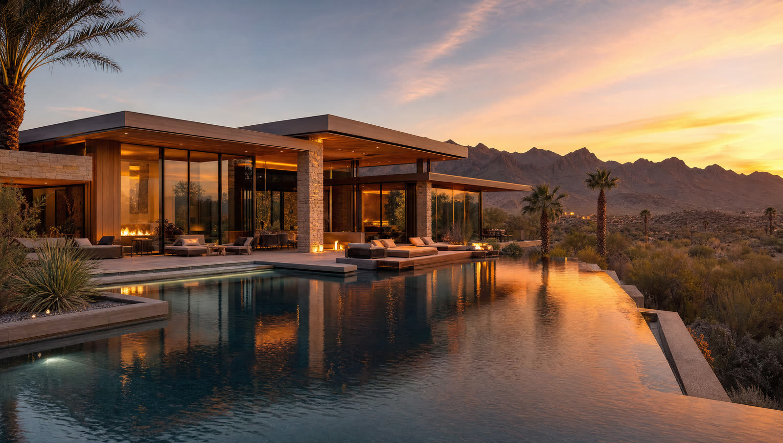 Scene 01: luxury villa exterior at golden hour
