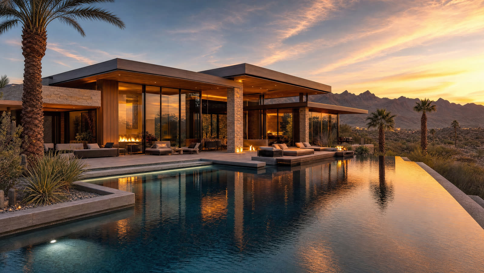 Scene 02: villa pool at sunset with mountains behind